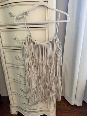 Beige Fringe Sleeveless Mini Dress